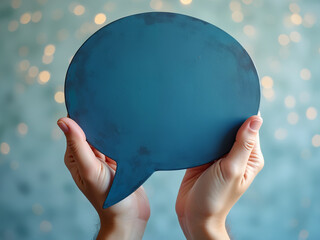 Generated illustration of hands holding a blank empty chat bubble sign on a blurred background.