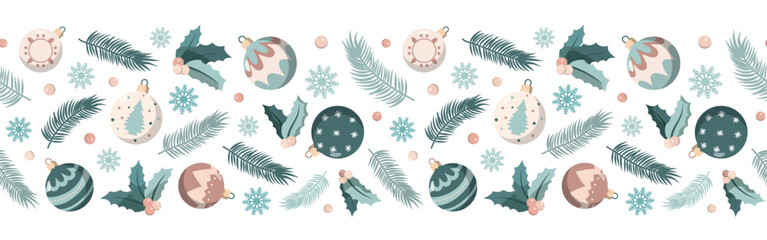 Christmas holiday baubles and fir branches horizontal border pattern. Vector illustration for Christmas and New Year. Isolated on white background