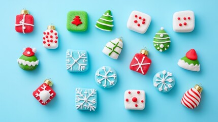 Flat lay of colorful Christmas-themed decorations, pattern