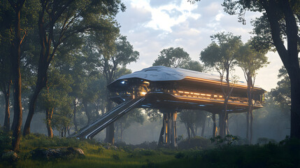 Innovative Lightweight Structure with Futuristic Design Inspired by Halo Aesthetics, Integrating Natural Elements in Texas Grasslands