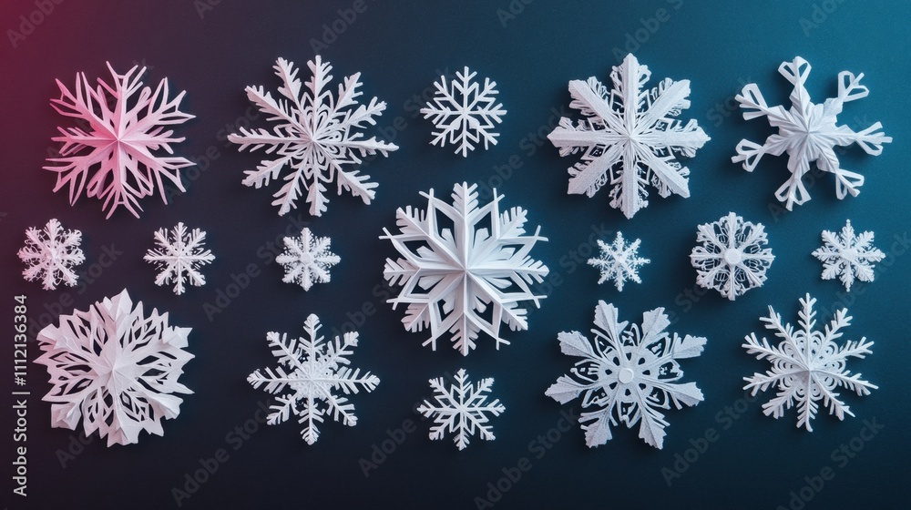 Aufkleber Various handcrafted paper snowflakes are displayed against a contrasting background, providing a blank area for personalized text or designs. Generative AI
