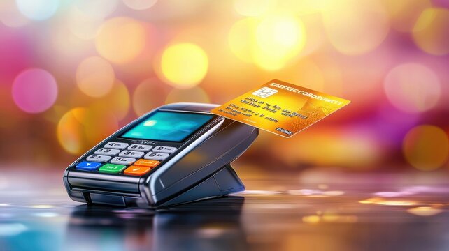 Contactless payment terminal with card, representing modern financial transactions. - Powered by Adobe