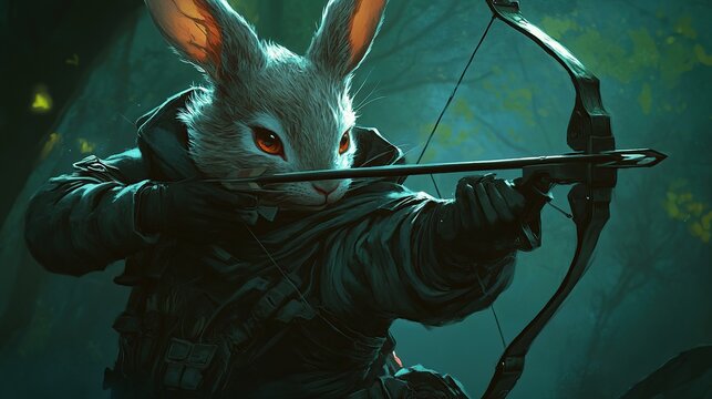Anthropomorphic rabbit archer aiming bow in dark forest.