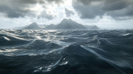 Serene Ocean View with Rolling Waves and Majestic Mountains Under Cloudy Sky, Capturing the Tranquil Beauty of Nature's Seascape at Dusk