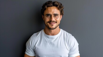 Obraz premium Studio shot of a handsome young man wearing glasses against a gray background 