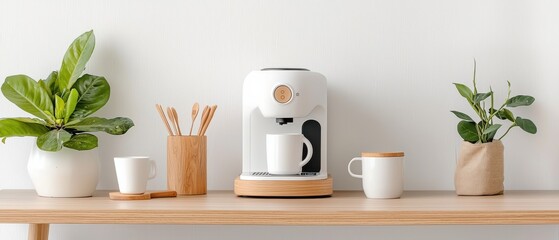 Modern coffee maker on a wooden table with plants and cups for a stylish kitchen decor.