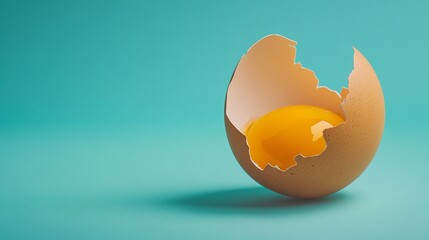 A cracked brown egg with a yolk spilling out.
