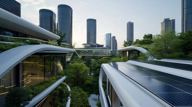 Rooftop solar panels on skyscrapers in an eco-friendly smart city
