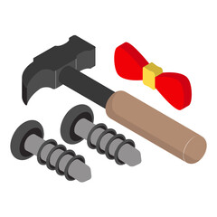 Handyman Tools with Bow isometric Concept, hammer with nail and necktie for industrial Dad Vector Icon, Happy Fathers Day Symbol, Dads Gift Elements Sign, Parents Day Stock illustration