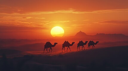 Naklejka premium Silhouettes of camels walking across a desert at sunset