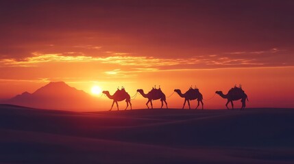  Silhouettes of camels walking across a desert at sunset