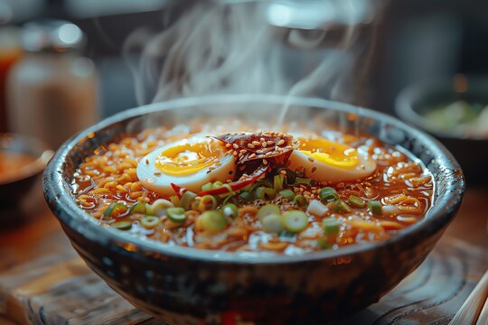 Steaming hot bowl of ramen noodles with soft boiled eggs, chili flakes, and green onions.