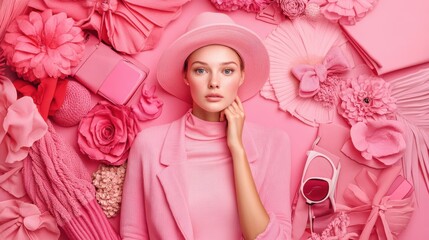 Fototapeta premium Woman surrounded by pink clothing and accesories
