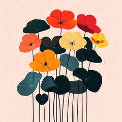 Naklejka premium Colorful Artistic Floral Arrangement with Vibrant Blooms and Lush Green Leaves on a Soft Pink Background for Modern Decor and Design Inspiration