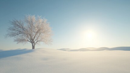 Obraz premium Serene Winter Wonderland: Ultra-Detailed Snowy Landscape with Lone Tree as Focal Point