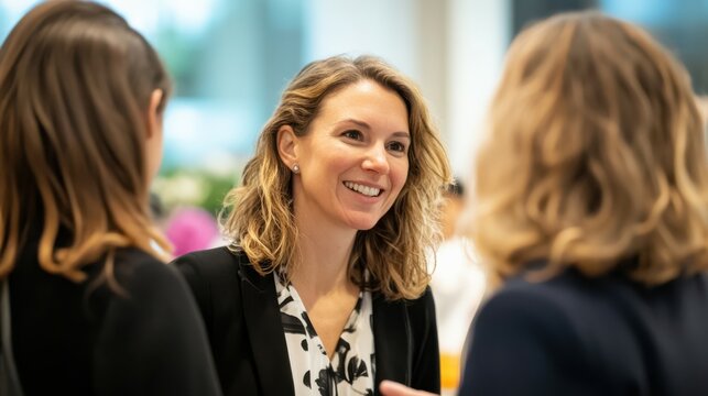 Women greeting and mingling at an office event with colleagues