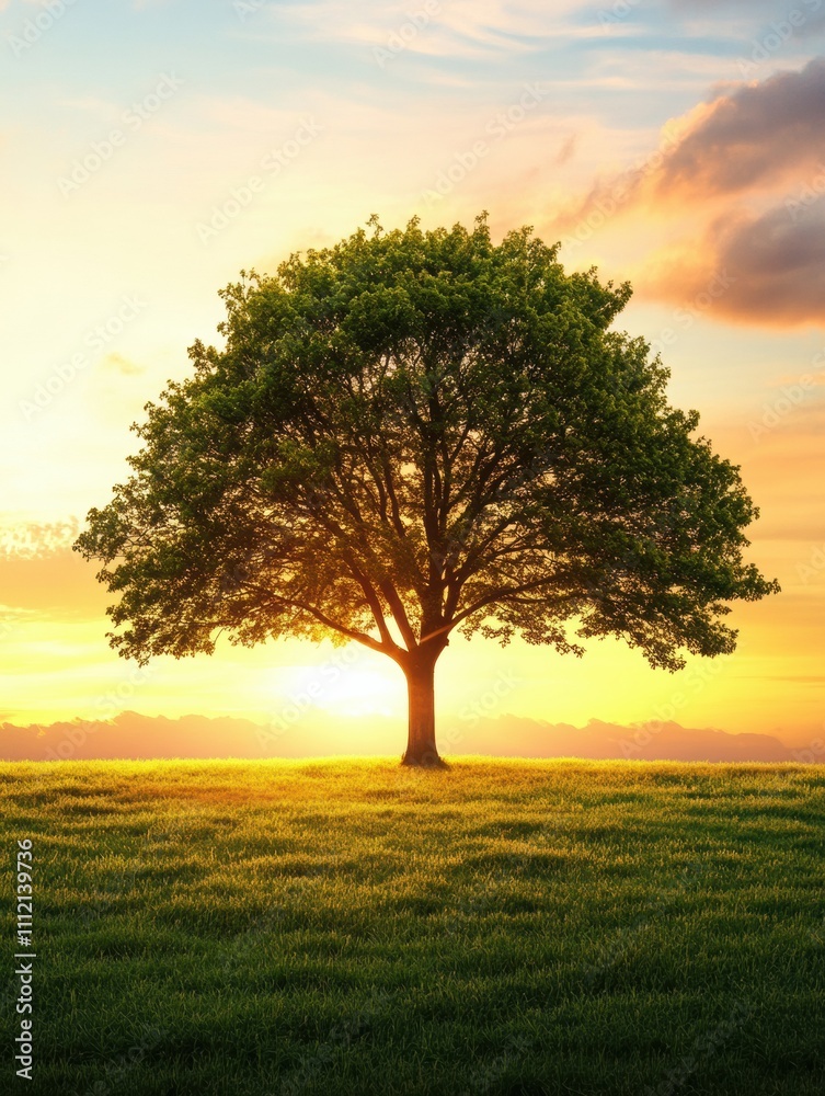 Aufkleber a solitary tree rises in a vast field as the sun sets, casting warm colors across the sky, providing