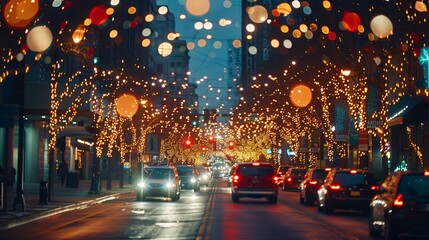 A road at night full with cars decorated with festive lights along the road.