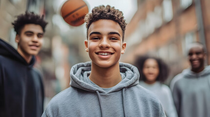 Naklejka premium Smiling Teenager in Grey Hoodie, Urban Background Photo