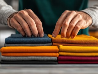Obraz premium Close-up of hands neatly arranging stacks of colorful folded fabrics, showcasing textile organization in a creative workspace.