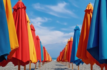 Fototapeta premium Colorful Beach Umbrellas Lining Up on a Sunny Day at the Seaside with Clear Blue Sky and Tranquil Sand, Ideal for Summer Vacations and Relaxation Moments