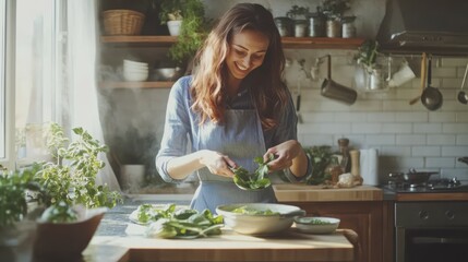 Young and happy woman cooking healthy food with green organic ingredients at home