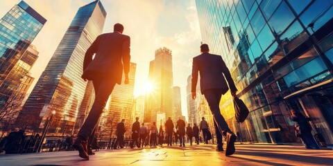 Silhouetted professionals walking in a cityscape during golden hour with modern buildings.