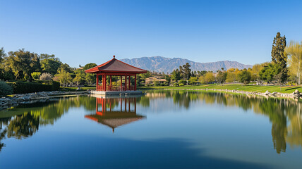 Naklejka premium 青空と湖に映える湖畔の赤い五重塔