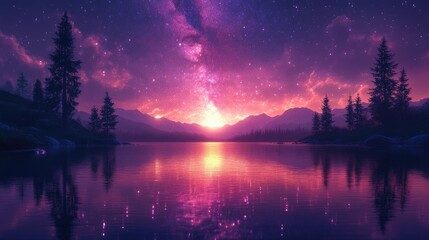 Fototapeta premium Serene lake reflecting vibrant sunset and starry sky, surrounded by silhouetted mountains and trees.
