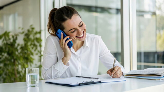 Happy woman in a white shirt talking on the phone and taking not