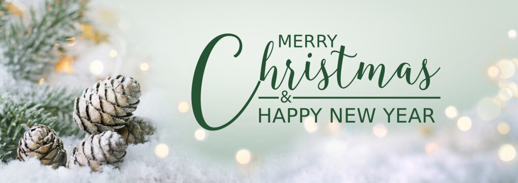 Christmas greeting card English text - Merry Christmas and Happy New Year - Frosty Xmas scene, Natural Winter background with snow and golden lights - Panorama, banner, header for advertisement  - Powered by Adobe