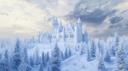 Majestic Snow-Covered Castle: Enchanting Winter Fairytale Scene with Frosty Trees and Dramatic Sky | Ultra-Detailed Photorealistic Image