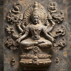 Fototapeta premium Beautifully Carved Hindu Goddess Statue in Stone, Detailed Ancient Sculpture, Spiritual Art