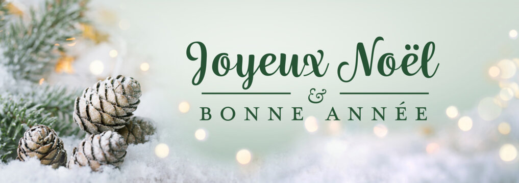 Christmas greeting card french text - Joyeux Noel, Merry Christmas and Happy New Year - Xmas scene, Natural Winter background with snow and golden lights - Panorama, banner, header for advertisement 