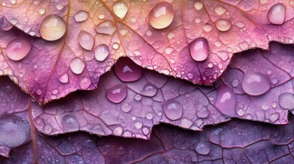 Fototapeta premium Purple Leaves Covered In Dew Drops Macro Photography