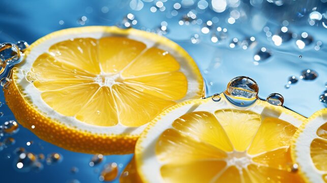 Close-up of lemon slices floating on water with reflections and bubbles - Powered by Adobe