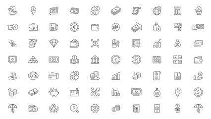 Money Related Vector Line Icons. Set of Banking, wallet, and Coins icons. Credit card and Cashback money service. Euro and Dollar, Cash wallet, exchange. Banking credit card, atm payment line icon set