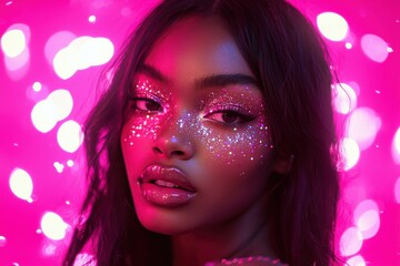 Obraz premium Portrait of a woman with sparkling makeup and glowing skin, against a vibrant pink background. Ideal for beauty, makeup, fashion, and creative expression content