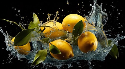 Whole lemons creating a splash effect in clear water