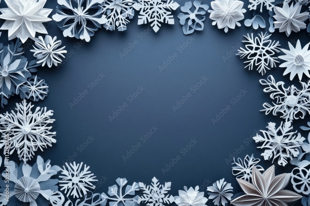 Fototapete Colorful handcrafted paper snowflakes create a decorative frame, providing a blank space perfect for adding your own text or wishes. Generative AI
