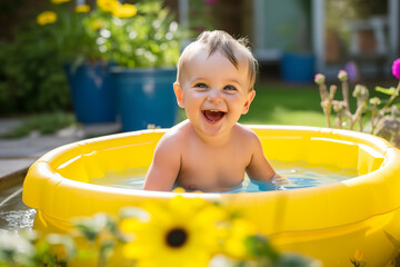 Funny laughing baby bathing in an inflatable pool in the garden of his house enjoying the summer