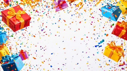 Present gift boxes with confetti and ribbons on a white background 