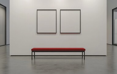 A minimalist 3D rendering of two empty picture frames on a white gallery wall, with a red seating bench in an industrial-styled interior, neutral colors, and a clean