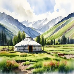 Serenity in the Mongolian Steppes: A Watercolor of a Traditional Yurt