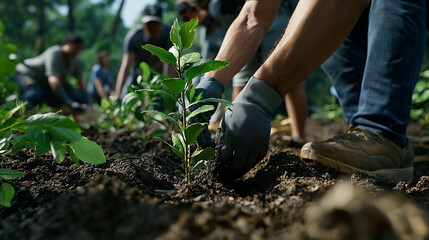 Volunteers planting trees to restore a wildlife habitat