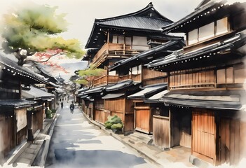 Serene Kyoto: Watercolor of Traditional Wooden Homes and Temples