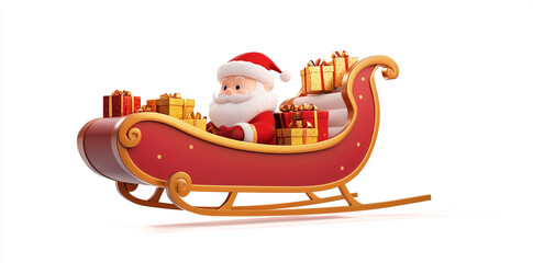 3D render of a flying Santa's sleigh with gifts, isolated on a white background, in a cartoon style,