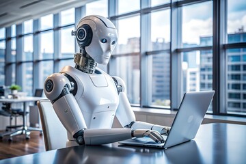 Futuristic robot working on computer in modern office.