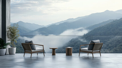 Fototapeta premium A 3D render of a modern loft-style terrace with a breathtaking view of a sea of fog in the early morning