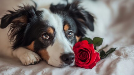 Fototapeta premium Cute pet in love with rose flower. Adorable domestic animal Valentine Banner with place for text. Greeting card floral concept design